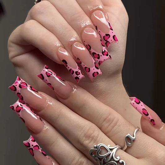 24Pcs Long Square Head Press on Nails Pink Leopard Print French Design False Nails 3D Bow Detachable Full Cover Fake Nails Tips