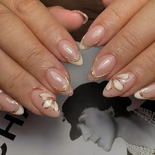 24pcs French Glitter Almond False Nails Press on Datachable Flower Stick on Nails Tips with Golden Lines Design Short Fake Nail