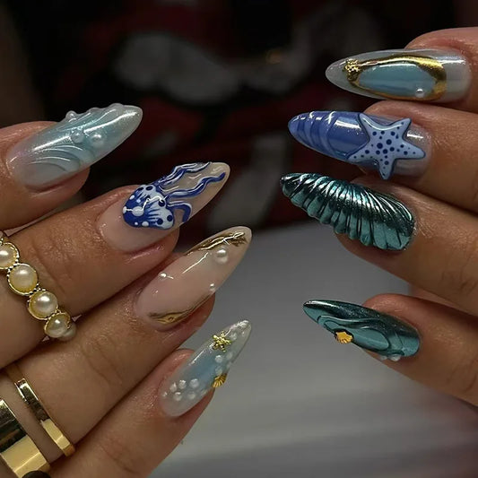 24pcs Ocean Almond False Nails Press on Blue Pearl Seashell Long Nails Tips Ins Fashion Wearable Starfish Design Fake Nail Sets