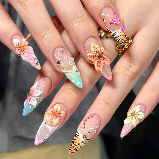 24Pcs 3D Ripple Flower Fake Nails Press on Colorful French Rhinestone Pearl False Nails Mid-length Almond Wearable Manicure Tips