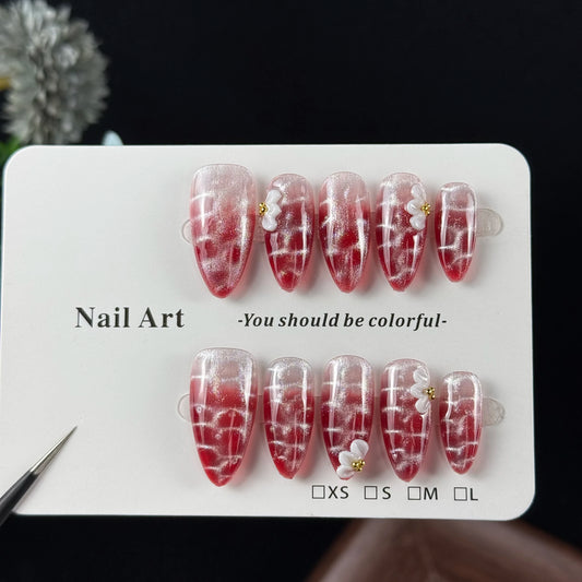 10pcs high-end Luxury-simplified style, hand-painted decorative patterns, dazzling fish-scale cat-eye effect handmade fake nails