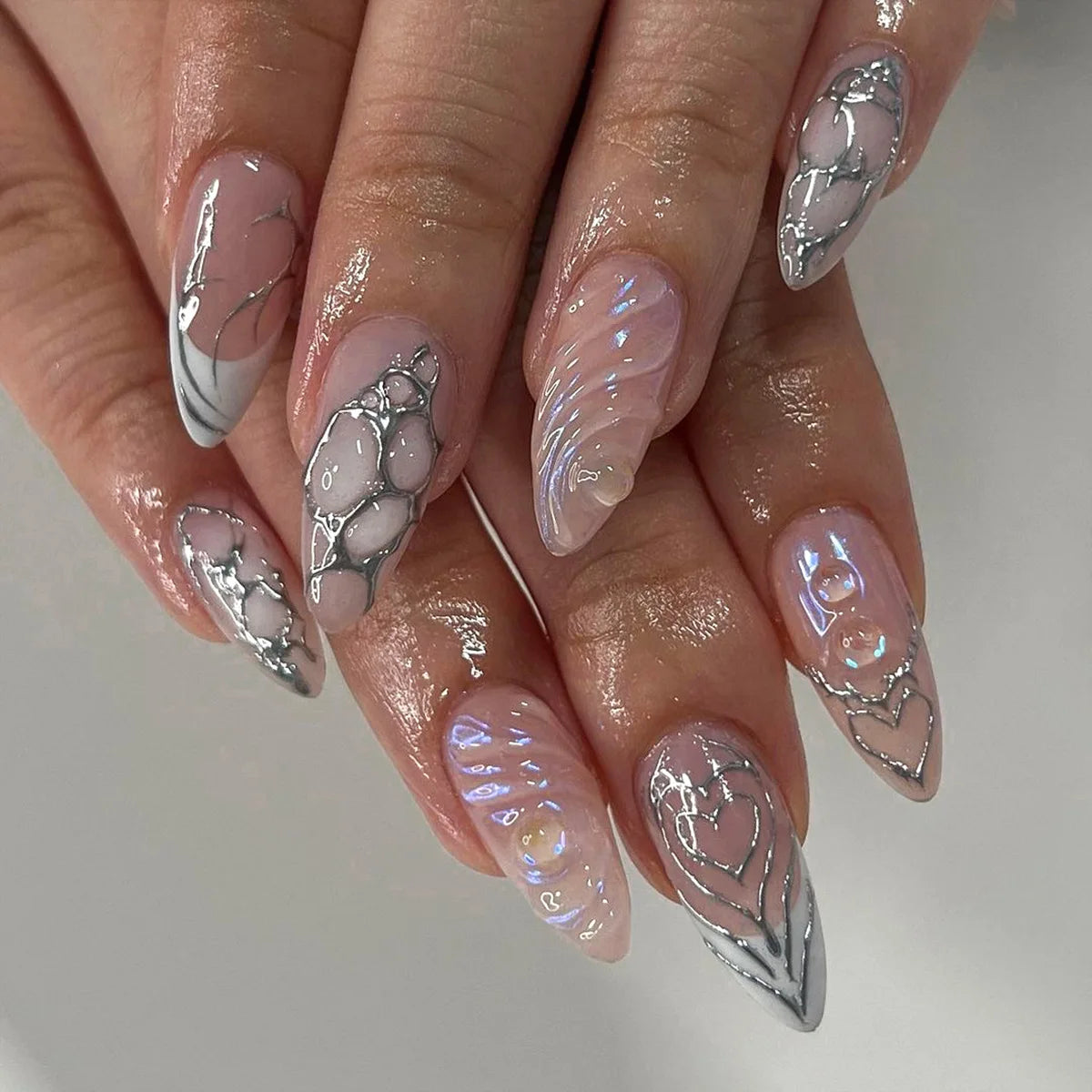 24Pcs Mid-length Almond False Nails Blue French 3D Flower Silver Design Press on Fake Nails Art Detachable Full Cover Nails Tips