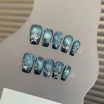 10pcs/bag Plaid Butterfly Star Sea Blue Moonlight French Cat Magnetic Handmade Press On Nails Short Coffin Detachable False Nail