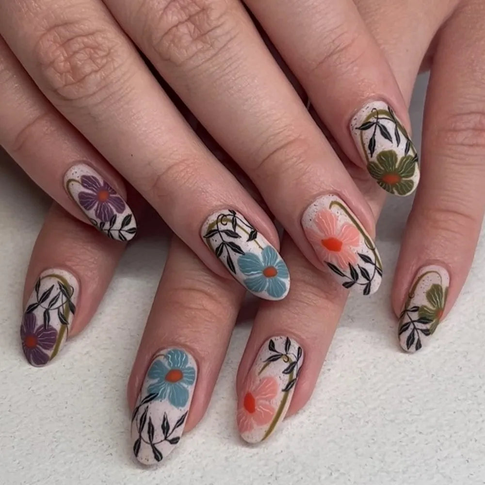 24pcs Flowers Fake Nails Almond Head Press on Nails Patch Fashion Nail Beauty Fake Nail Tips for Girl Women Wearable Full Cover