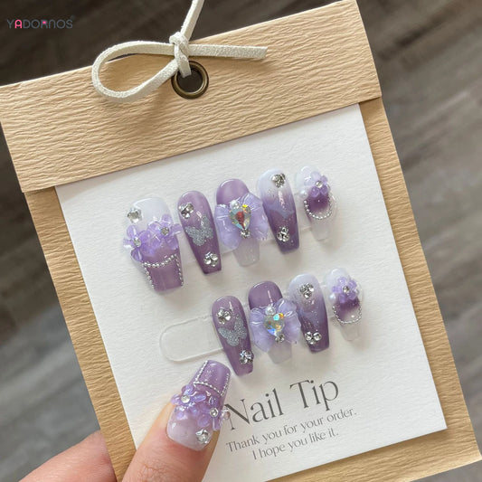 Purple Handmade Fake Nails 3D Flower Butterfly Designs Long Ballerina Press on Nails Rhinestone Butterfly False Nails for Women