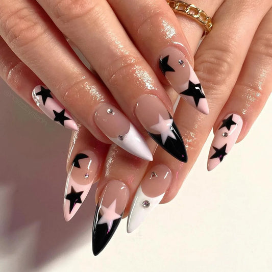 24pcs Star Long Stiletto False Nails Tips Finished French Almond Press on Fake Nails Sets with Pearls Design Stick on Nail Art