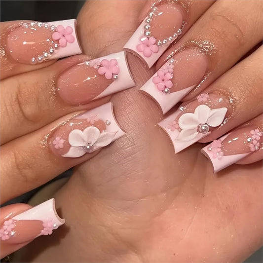 24Pcs Acrylic Flower/Pearl Rhinestones French False Nails Full Cover Medium Square Nude Press On Nails Sweet French Fake Nails &