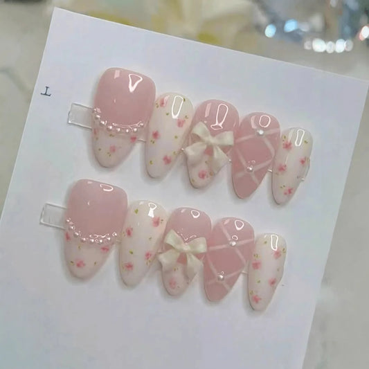 10Pcs Handmade Short Almond Press on Nails French Purple Flowers 3D Elegant Nail Stickers Artificial Fake Nails Acrylic Manicure