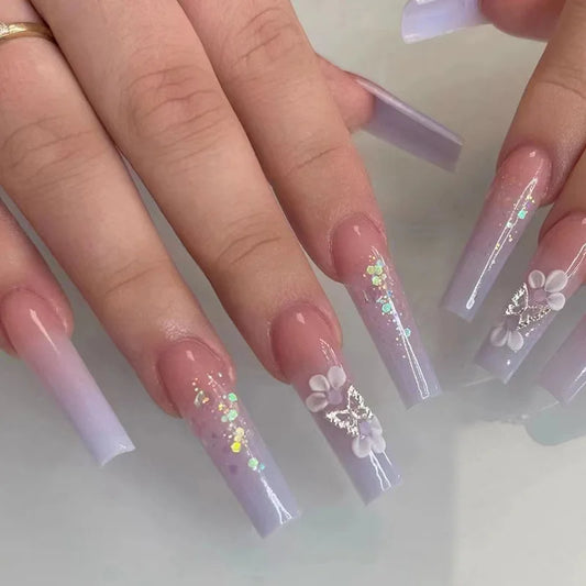 24Pcs Pink Butterfly Fake Nails Long Coffin False Nails with Rhinestones Detachable Ballerina Full Cover Nail Tips Press on Nail