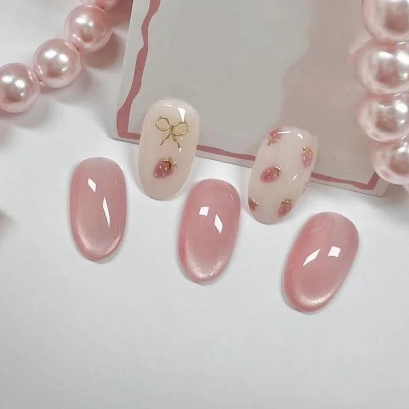 24Pcs Cat's Eye Milk White French Fake Nails Pink Bow Pearl Press on False Nails Short Round Head Reusable Full Cover Nails Tips