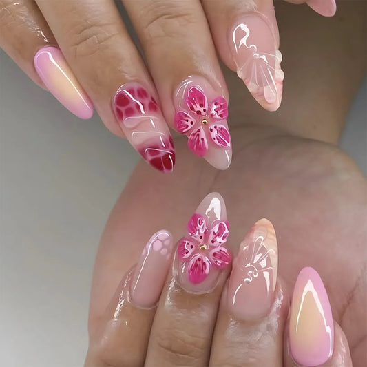 24pcs Finished False Nail Sets Gradient Pink Short Almond Nails Tips Flower Design Fake Nail Art Reusable French Press on Nails