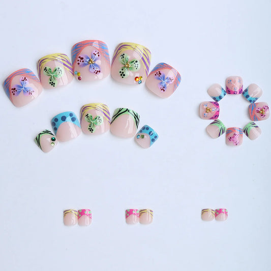 24pcs 3D Carved Flowers Press on Toenails Colorful French False Toe Nails Wearable Detachable European Summer Fake Foot Nails