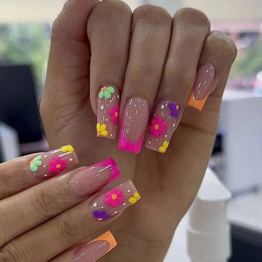 24pcs Mid-length Square Fake Nails Wearable Colorful Flower French Design Press on False Nails Simple Ballet Full Cover Nail Tip