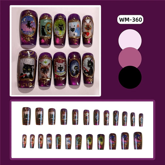 24pcs Sweet Cool Spicy Girl False Nails Cute cartoon Magic Cat Designs Y2k Press On Nails Purple Long Square Shape Fake Nail