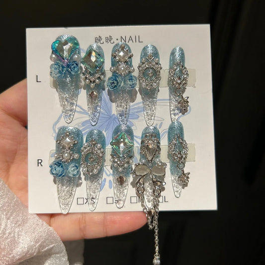 Glacier Blue Gradient Press On Nails Icy Crystal Design 3D Diamond Flower Chain Charms Luxury Glam Nail Art for Parties Events
