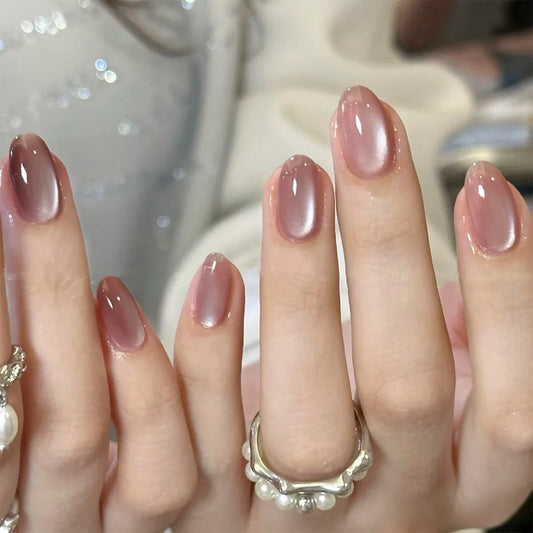 24Pcs Short Round Head Press on Nails with Cat's Eye False Nails Full Cover Simple Detachable Finished Fake Nails Tips for Woman