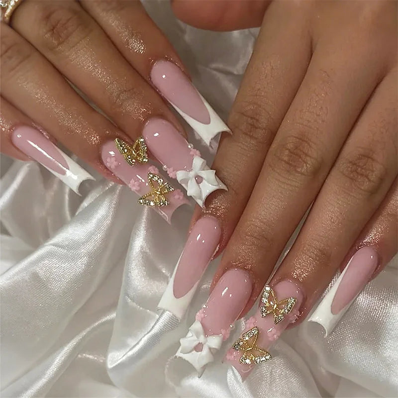 24pcs Long Coffin Nails Tips White French 3D Bow Press on Nails Set Butterfly Flower Stick on Fake Nail Finished Pink False Nail