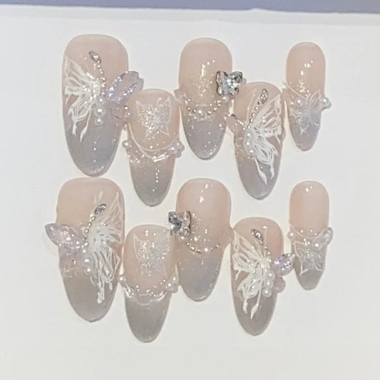 10Pcs Handmade Press on Nails Full Cover Shiny Aurora Cat Eye Butterfly Rhinestones False Nails French Almond Wearable Manicure