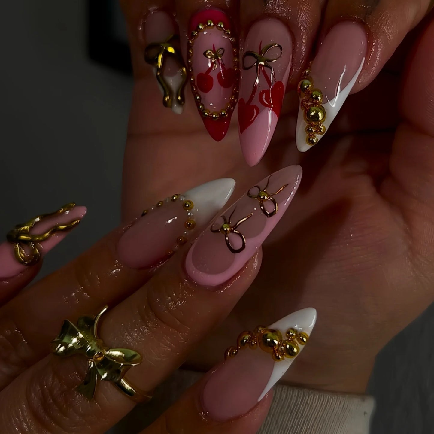 24pcs Long Almond Press on Nails Gold Bow Fake Nails Cherry Pattern False Nail Artificial Tips Накладные Ногти Uñas Postizas 네일팁