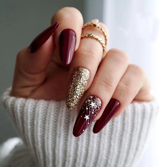 24Pcs Long Press on Fake Nails with Wine Red Almond Fashion Simple Finished Nails Glitter Stars Elegance Ballerina Nail Tips Art