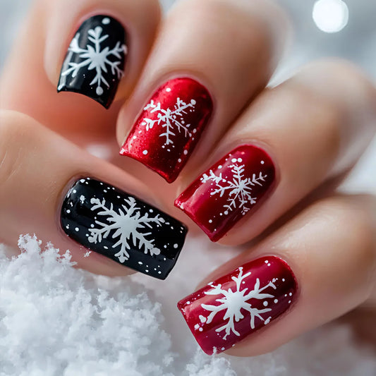 24pcs Christmas Red Coffin Press on Nails Winter Snowflake Deer Print False Nails Wearable Detachable European Fake Nail Tips