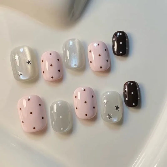 new Handmade Wearing False Nails Pink Polka Dot Star Cat-eye Designs Short Round Square Nail French Shiny Nail Tips Art Spring