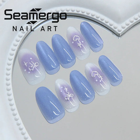 24PCS Medium Almond Purple Blue Cat Eye Press on Nails Bow Heart Star Print Gradient Sweet Coquette Style Reusable False Nails