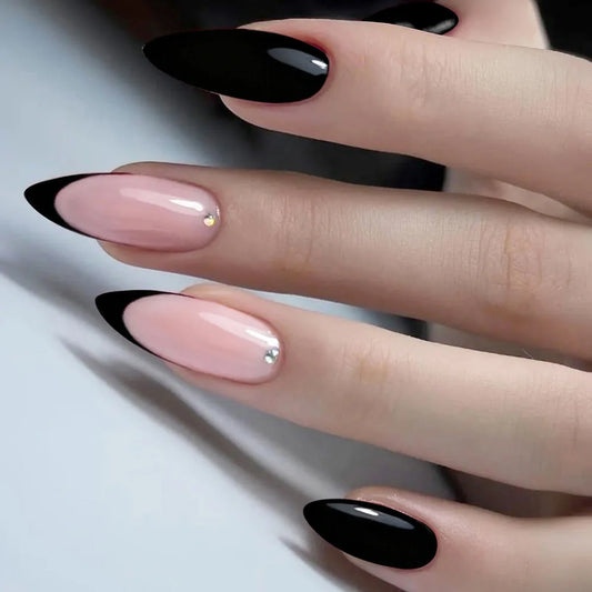 24pcs Black French Tips Almond Fake Nails Detachable Simple Long Press on Nails Rhinestone Design Stick on Finished False Nail