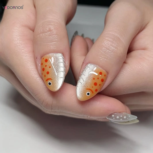 24pcs Colorful Little Fish Printed Press On Nails Macaron Flash Cat's Eye False Nails Glossy Almond Creative Charm Fake Nail