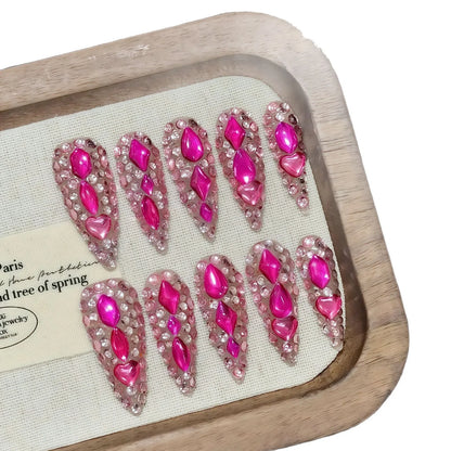 10pcs Rose Pink Handmade False Nails Full Glitter Rhinestone Light Luxury Press On Nails Long Stiletto Fake Nail For Spicy Girls