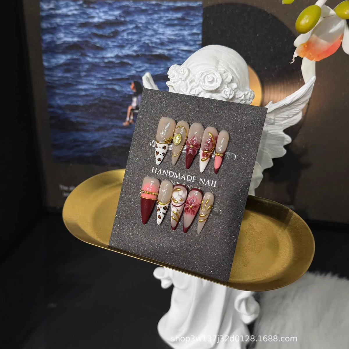 10Pcs/set Retro Stiletto Handmade Press on Nails Fake Nails with 3D Red Love Design Wearable Stick-on Nails False Nail Uñas 네일팁
