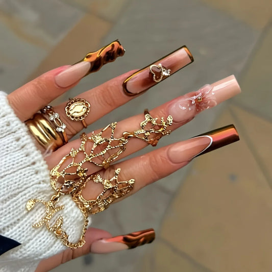 24Pcs long square press on false nails french brown smudge wearable full cover nails tips 3D flower heart Rhinestone fake nails