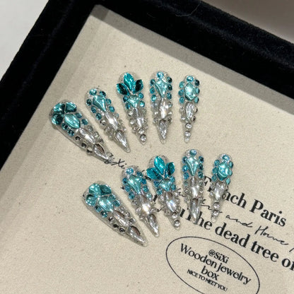 10pcs Super Long Stiletto False Nail Tips Light Luxury Handmade Full Flash Diamond Press On Nails European Wearable Fake Nails