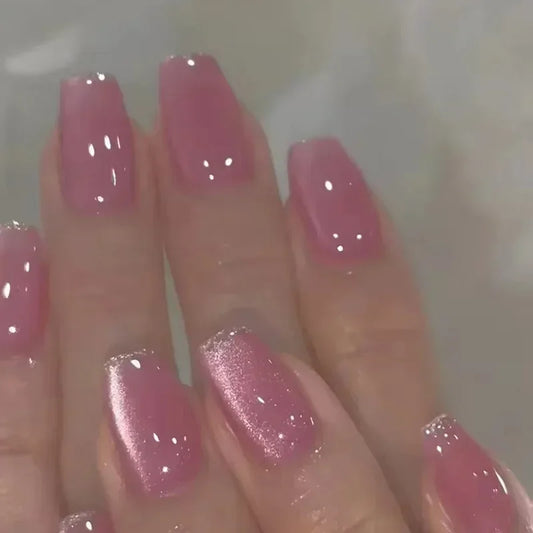 24Pcs Short Glitter Solid Color Fake Nails Press on Ballerina Nail Art Full Cover Cat Eye Wearable Artificial Nail Manicure Tips
