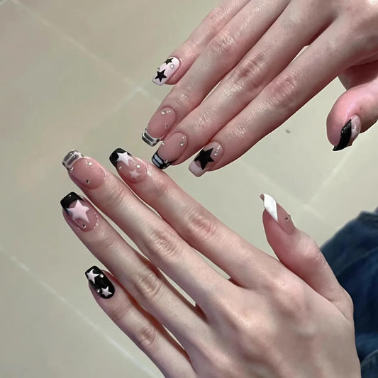 24pcs Short Ballet Y2k Nails Set Small Diamonds Fake Nails Press On Nail Tips French False Nails Pink Black Star Decoration