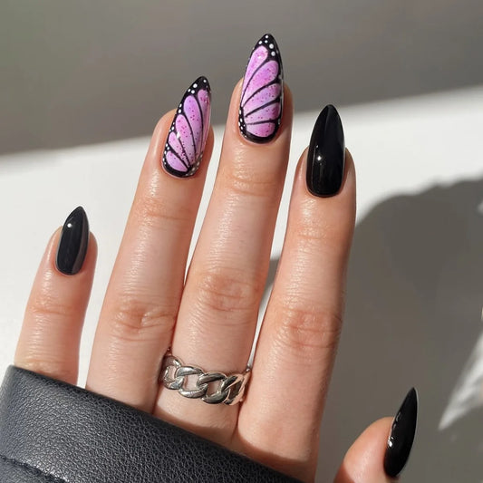 24Pcs Butterfly Wing Nails Set Press on Mid-length Almond Wearable Fake Nail Polka Dot Gilded Design Full Cover False Nails Tips