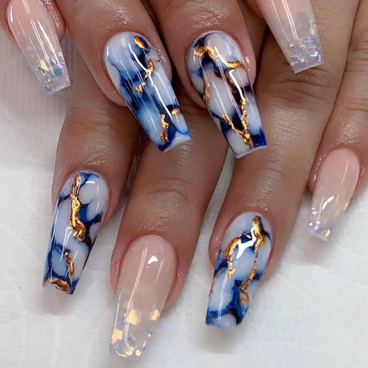 24pcs Aurora Fake Nails Art French White Long Almond False Nail Tips Reusable Simple Sweet Love Pearl Design Press on Nails Sets