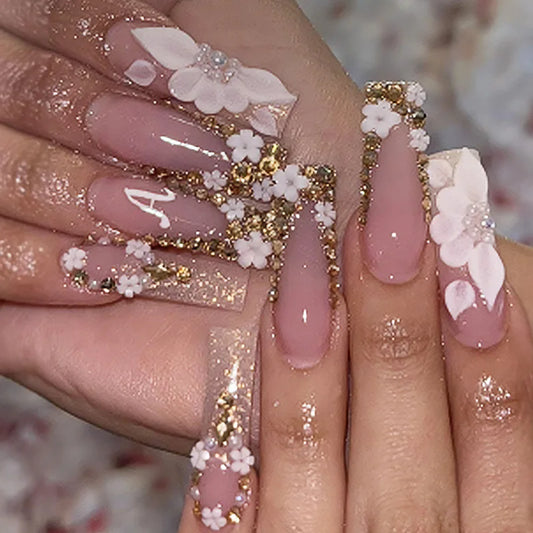 24Pcs Long Square Fake Nails 3D Flower Rhinestone French Press on False Nails Pearl Shiny Powder Detachable Full Cove Nails Tips