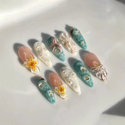 10pcs Handmade Press On Nails Water Ripple Pattern Starfish Almond False Nails Summer Ocean Series French Style Fake Nail