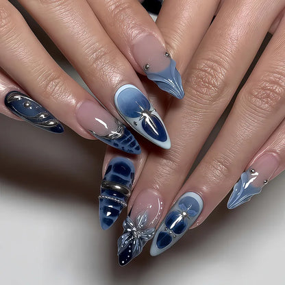 24Pcs Mid-length Almond False Nails Blue French 3D Flower Silver Design Press on Fake Nails Art Detachable Full Cover Nails Tips