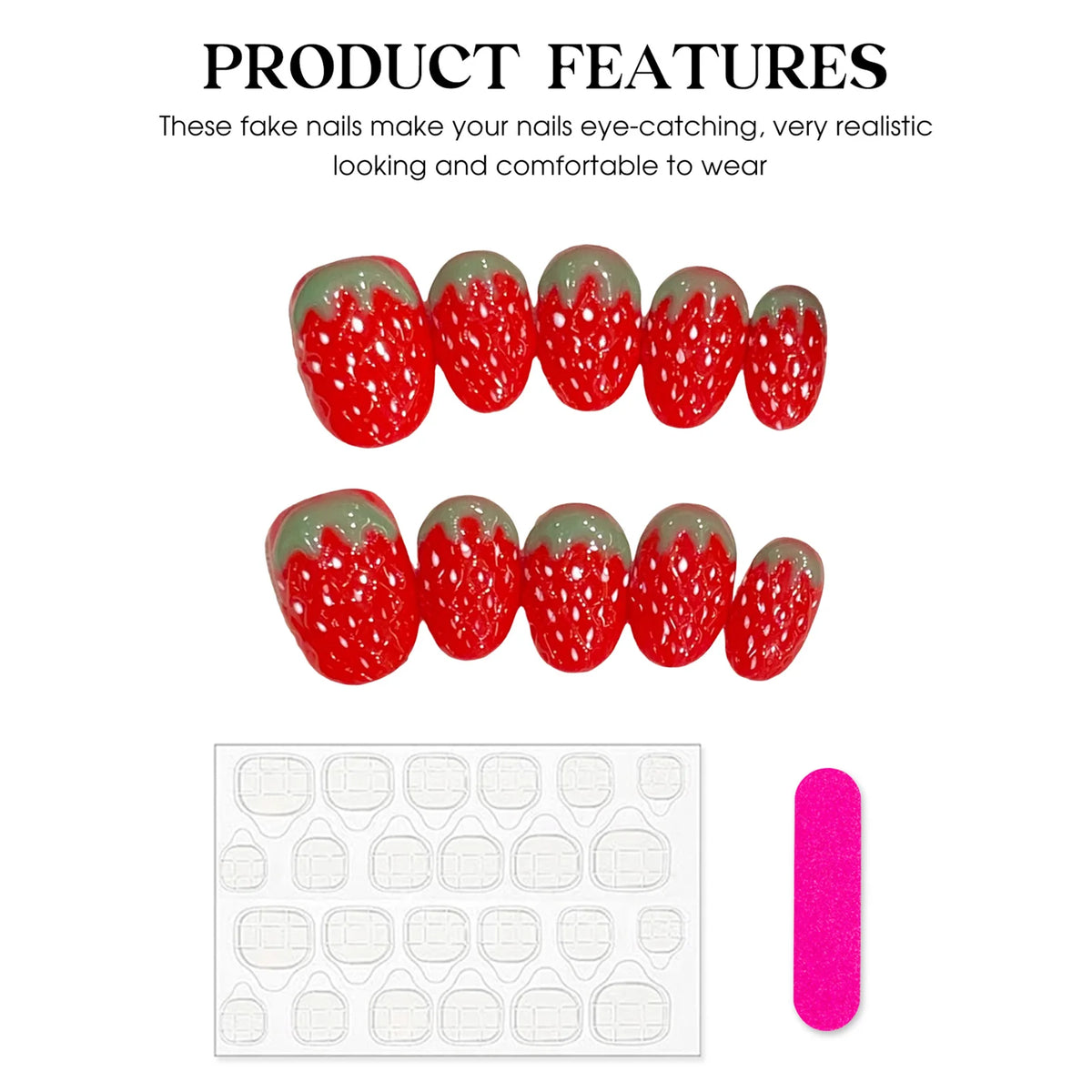 10pcs Cute Short Round Fake Nails Handmade Red Strawberry Designs Cat's Eye Press On Nails Full Cover Sweet Detachable False Nai