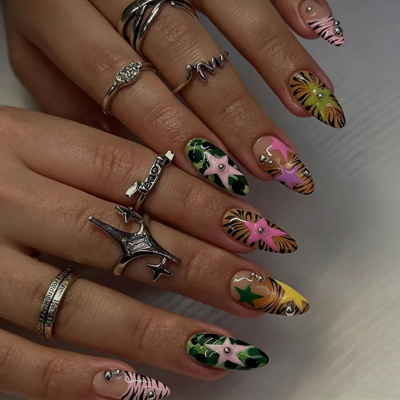 24pcs Colorful Five-pointed Star Press On Nails Red Stripes French Style Y2k Fake Nails Yellow Almond European Fake Nail Tips