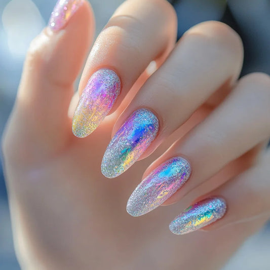 24pcs Wearable Nails Set Press on Gradient Colorful Mid-length Almond False Nails Art Finished Simple Glitter Oval Fake Nail Tip