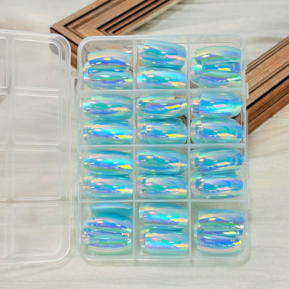 144Pcs Holographic Blue Chrome Press On Nails Iridescent Plating Medium Square Fake Nail for Women Daily Party False Nail Tips D