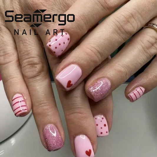 24PCS Pink Square Coffin False Nails Polka Dot Love Line Glitter Press on Nails Sweet Cool Fake Nails Wearable European American