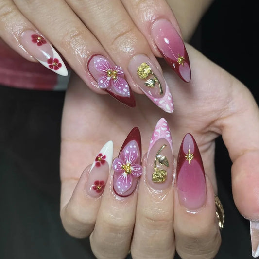 3D fake nails for women girls gradient pink red embossed flowers with golden rhinestones almond nail tips press on false nail