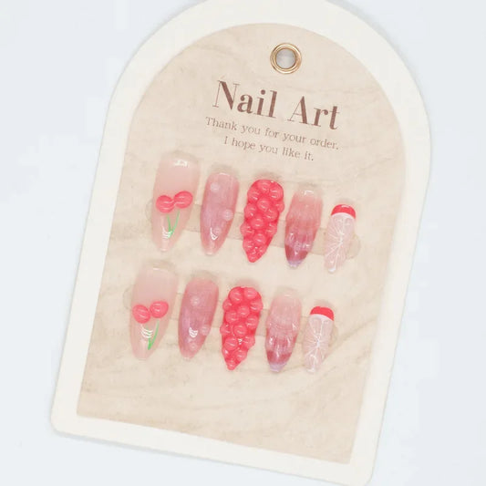 24PCS Almond Fake Nails 3D Shell Floral Design Press on Nails for French Aqua Green Sweet Cherry False Nails Summer Fresh Gentle