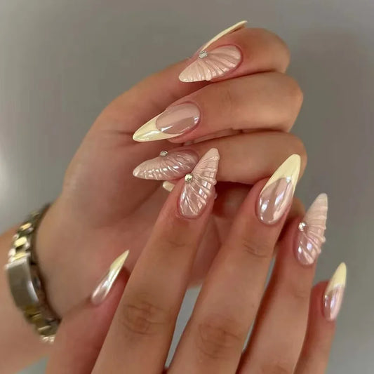24pcs Yellow French False Nails INS Simple 3D Shell Pearl Design Fake Nail Tips For Girls Women Fashion Almond Press On Nails