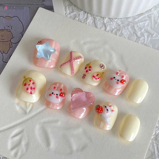Handmade Fake Nails Pink Strawberry Cute Rabbit Diamond Designed Short Round Press on Nails for Women Girls Daily DIY Manicure