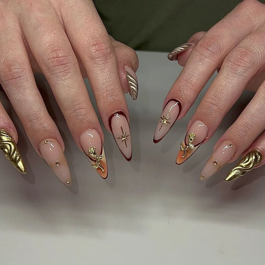 24pcs Flower Long Press on Nails Fashion Rhinestone Stiletto Almond False Nail Golden Smudge Design Fake Nails French Manicure